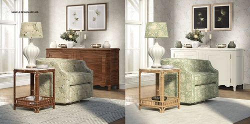 Coastal living room mockup with patterned armchair, wooden sideboard, lamp, framed wall art, and sunlight from window.