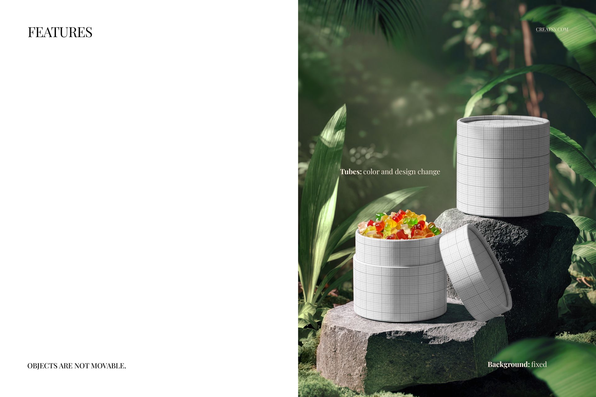 Three cylindrical paper tubes with grid pattern mockup displayed on mossy rocks in a lush jungle setting.
