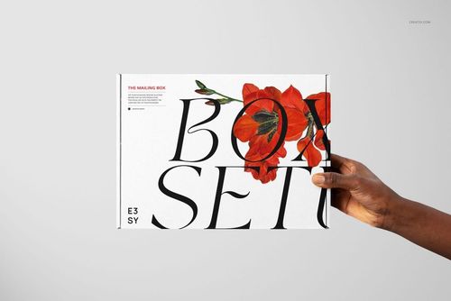 Front view of a white mailing box mockup featuring large black lettering and a vibrant red floral design, held in one hand.