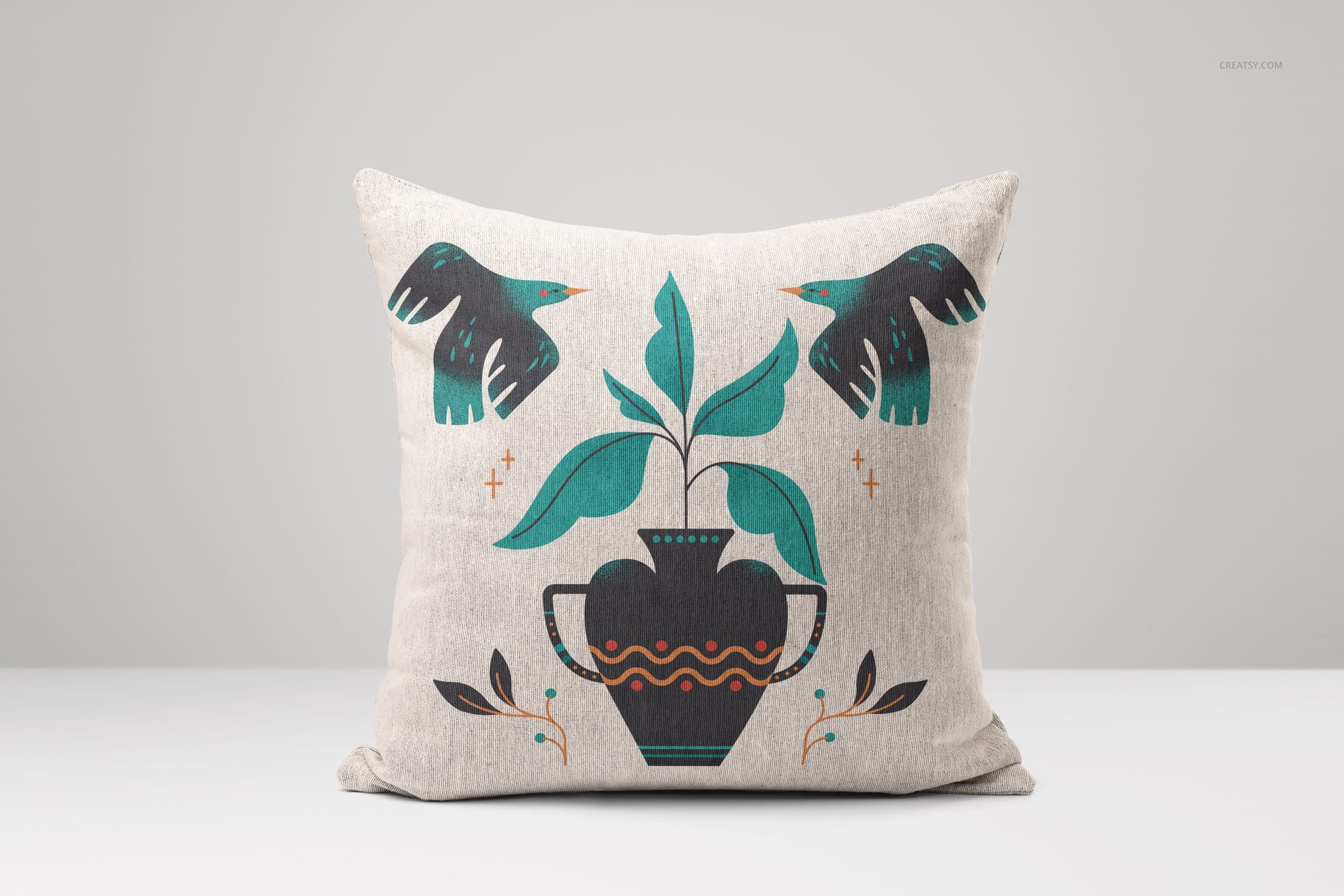 Front-facing 45x45cm woven pillow mockup featuring a stylized plant and birds design in earthy tones on a neutral surface.