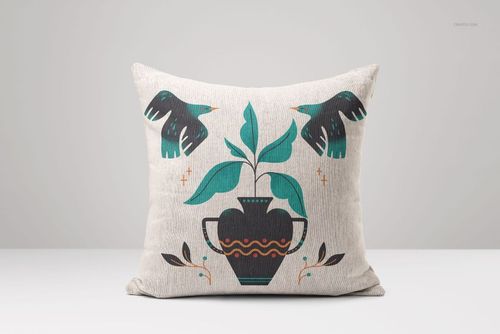 Front-facing 45x45cm woven pillow mockup featuring a stylized plant and birds design in earthy tones on a neutral surface.