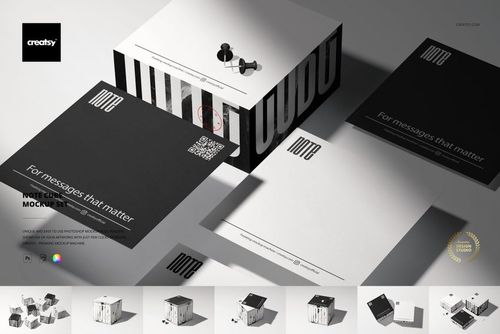 Stationery note cube mockup set featuring a white cube with black striped sides, black and white note sheets, and push pins.
