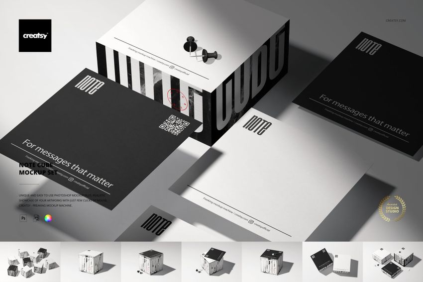 Stationery note cube mockup set featuring a white cube with black striped sides, black and white note sheets, and push pins.