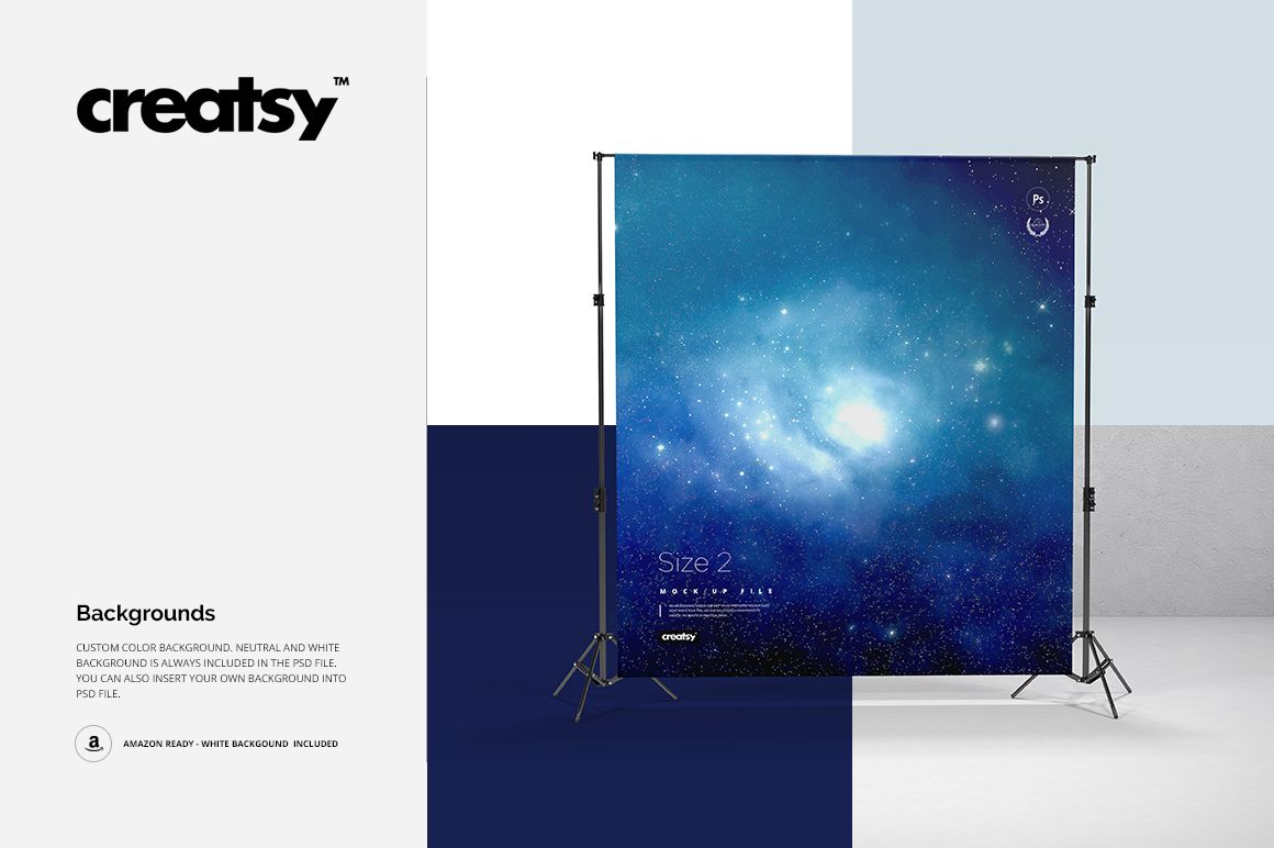 Blue and white cosmic-themed backdrop mounted on a stand, shown in a PSD mockup with neutral color panels.