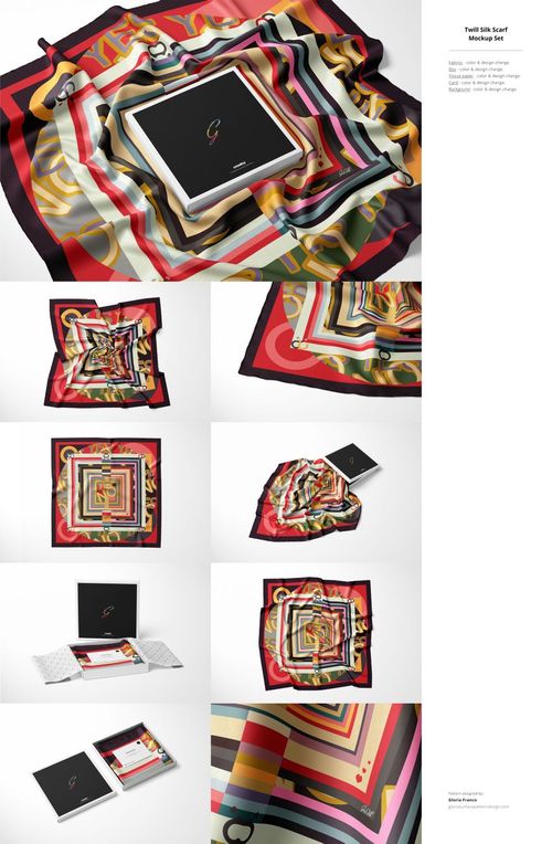 Fabric mockup bundle showing vibrant textile designs, packaging elements, and a black box on a white background.