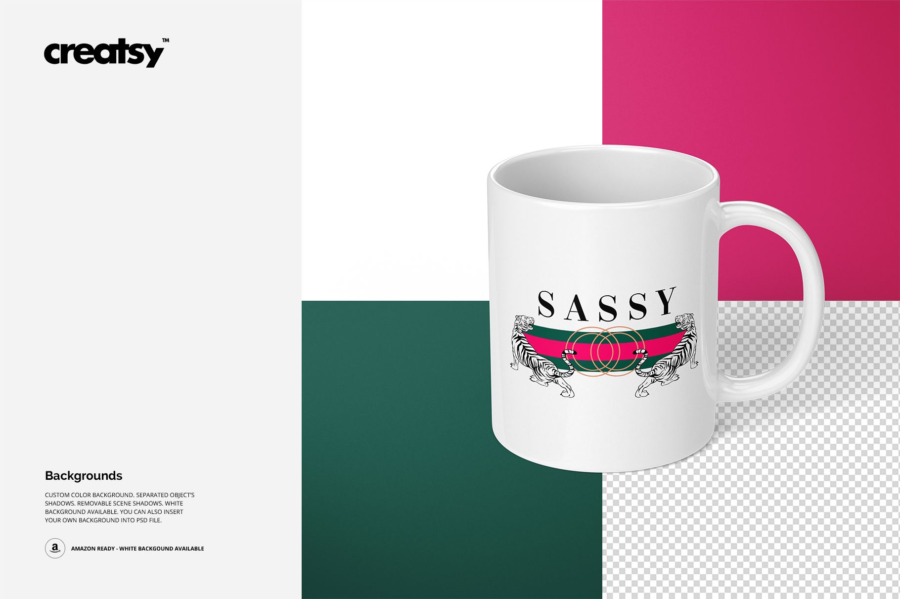White 11oz mug with a 'Sassy' design and tiger graphics, displayed on a color-blocked background with pink, green, and white sections.