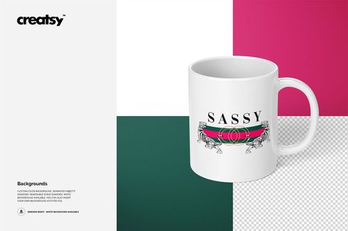 White 11oz mug with a 'Sassy' design and tiger graphics, displayed on a color-blocked background with pink, green, and white sections.
