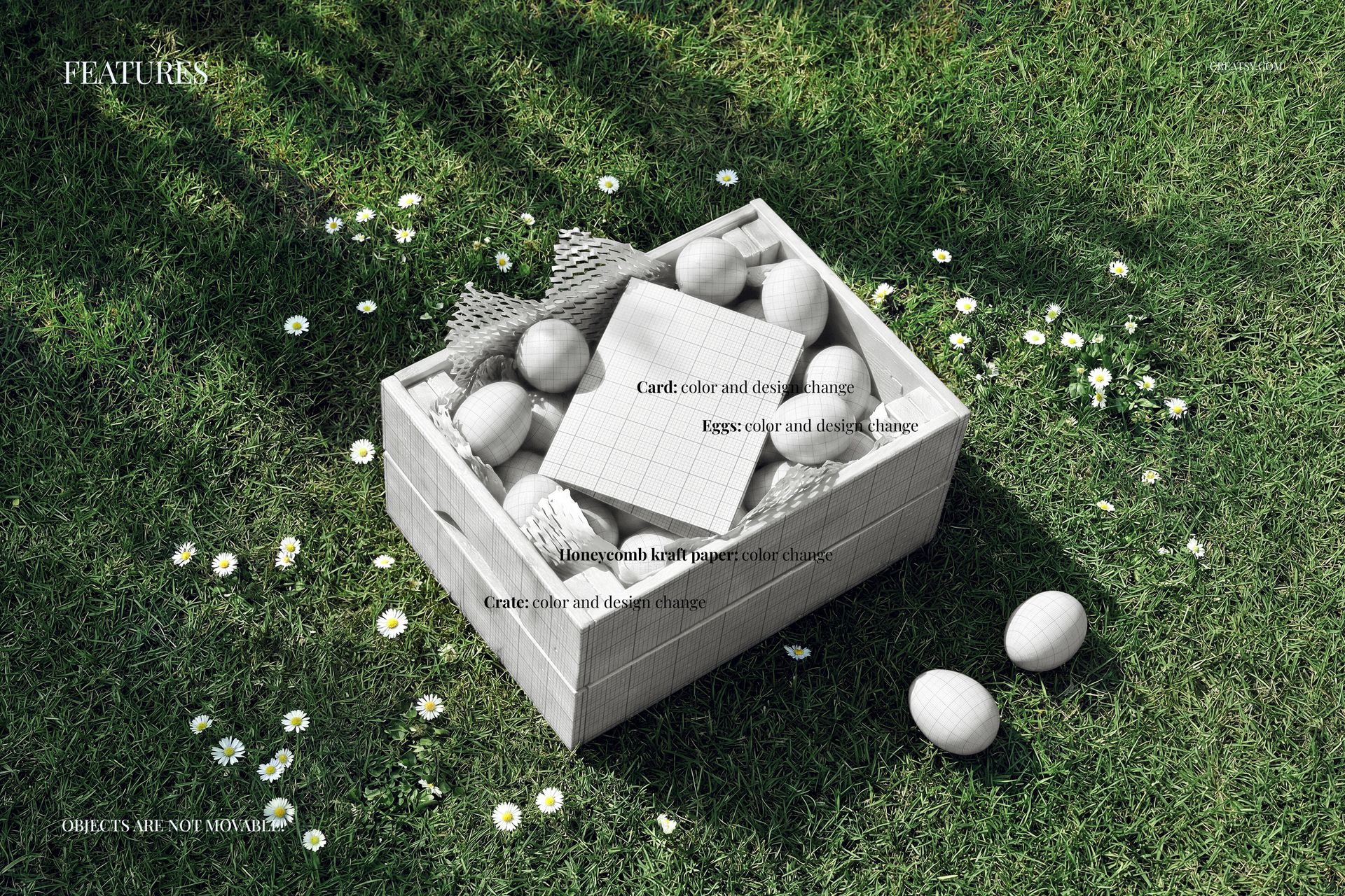 PSD mockup showing a wooden crate holding white eggs and a blank card, surrounded by grass and scattered flowers.