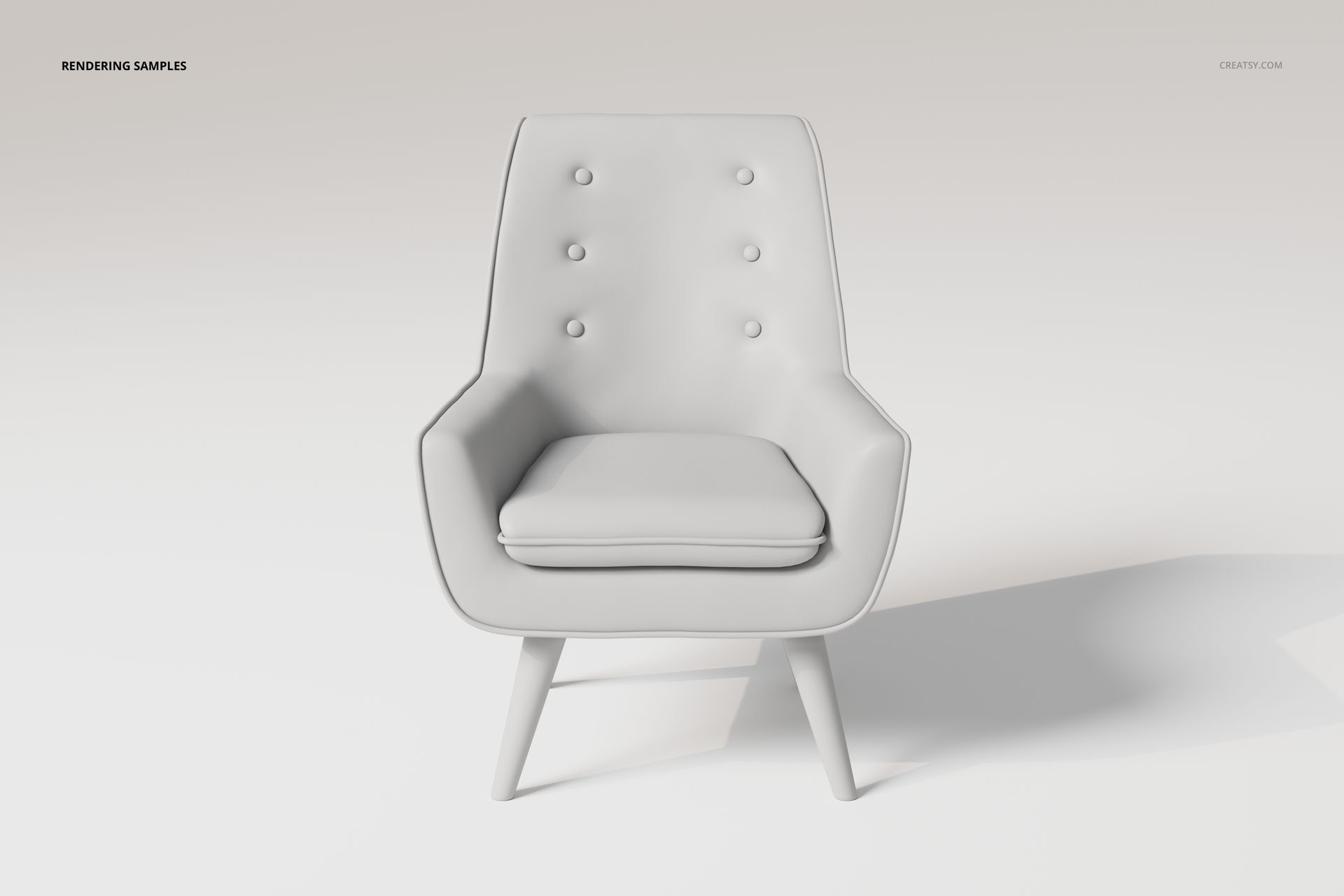 Front view of a modern corner chair with wooden legs, upholstered in light gray fabric, set against a plain background.