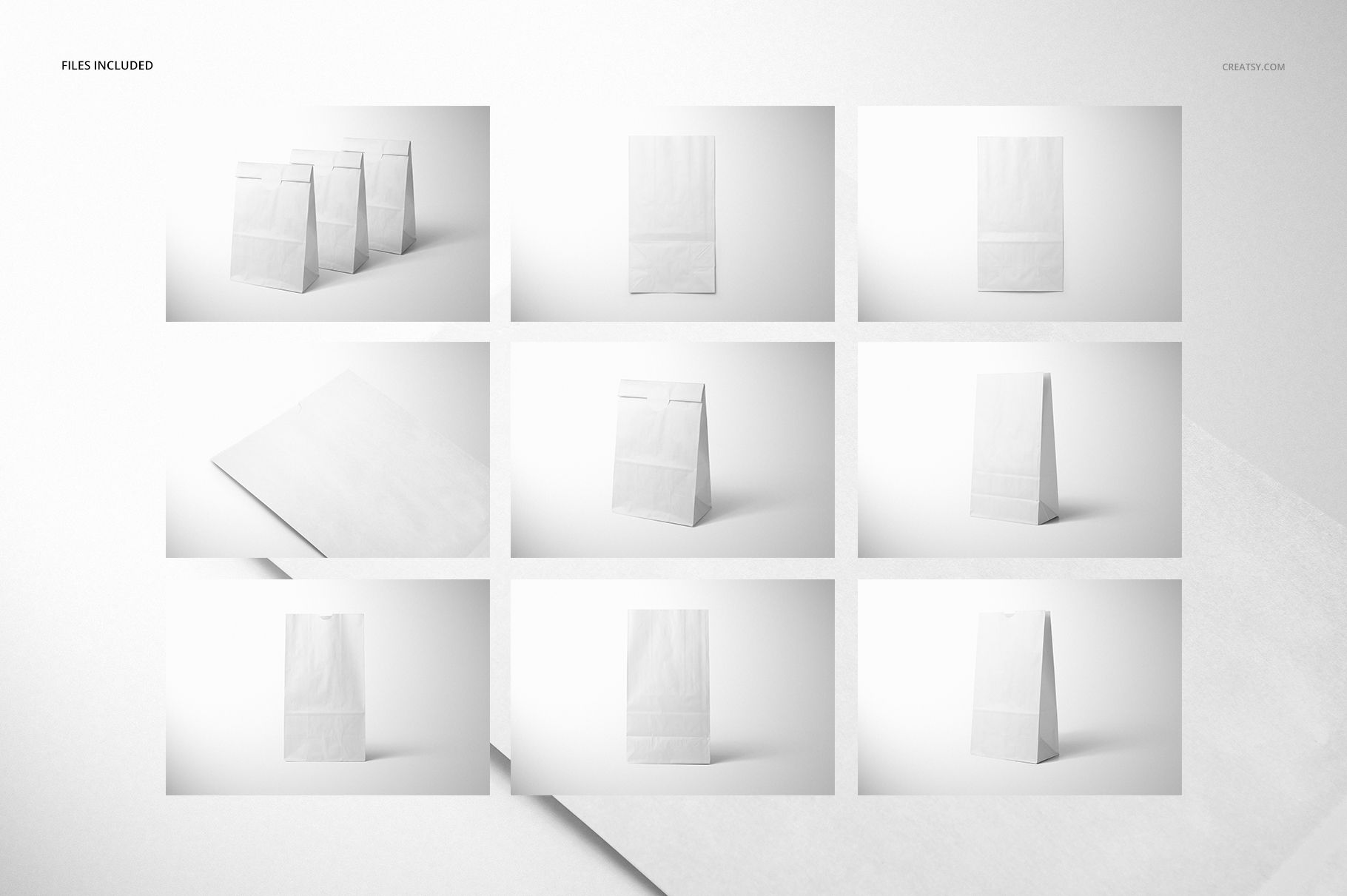 Set of white lunch bag mockups displayed in various angles, including front, side, and group views on a light background.
