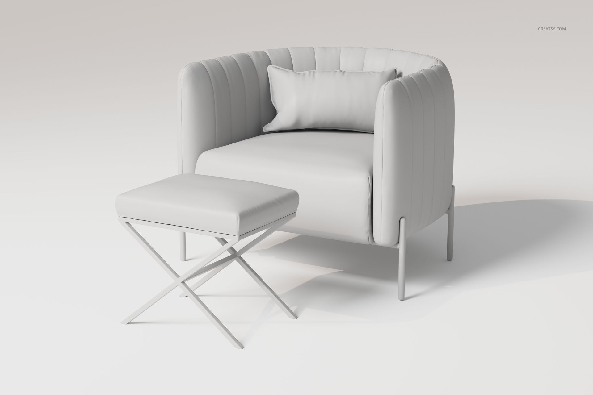 Modern armchair with rounded backrest and vertical stitching, paired with a matching ottoman on crossed legs, front view.