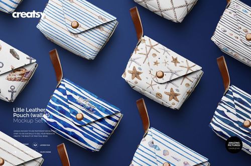 Little leather pouch wallets mockup set showing various marine-inspired prints and brown straps, flat lay perspective.