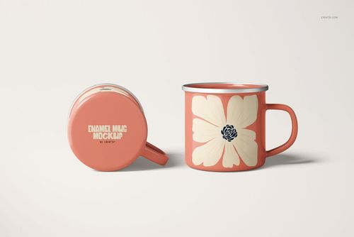 Peach-colored enamel mugs with silver rims, showing a floral design and mockup text, displayed on a light surface.