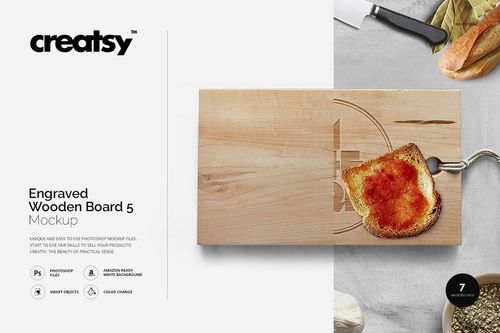 Rectangular engraved wooden board mockup shown from top view with a slice of bread and jam on white background.