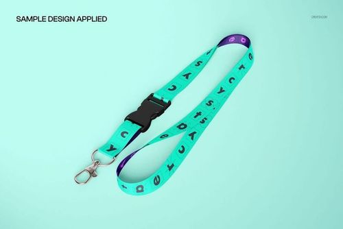 Detachable lanyard mockup with turquoise strap featuring black symbols, shown from a top view on a light background.