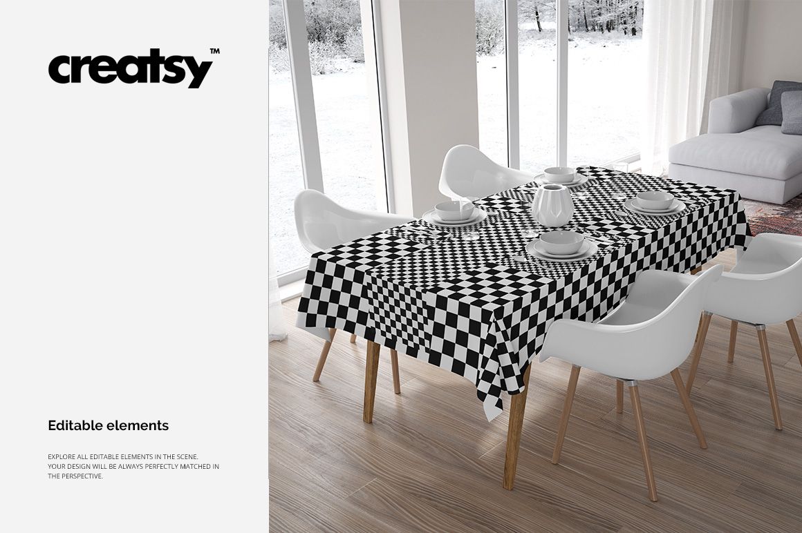 Dining table with black and white checkered tablecloth mockup, set with white plates and cups, front view in bright room.