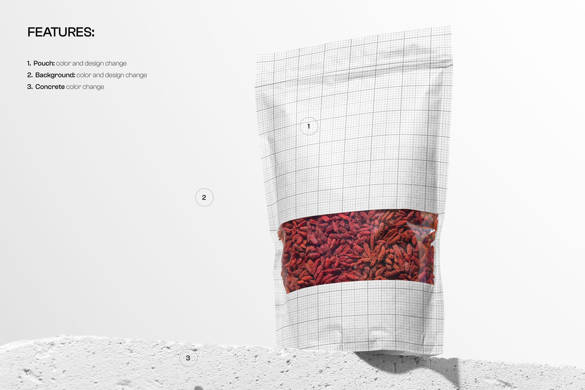 Front view of a stand up pouch PSD mockup with grid lines and visible product window, set on a concrete surface.