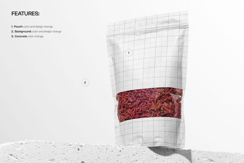 Front view of a stand up pouch PSD mockup with grid lines and visible product window, set on a concrete surface.