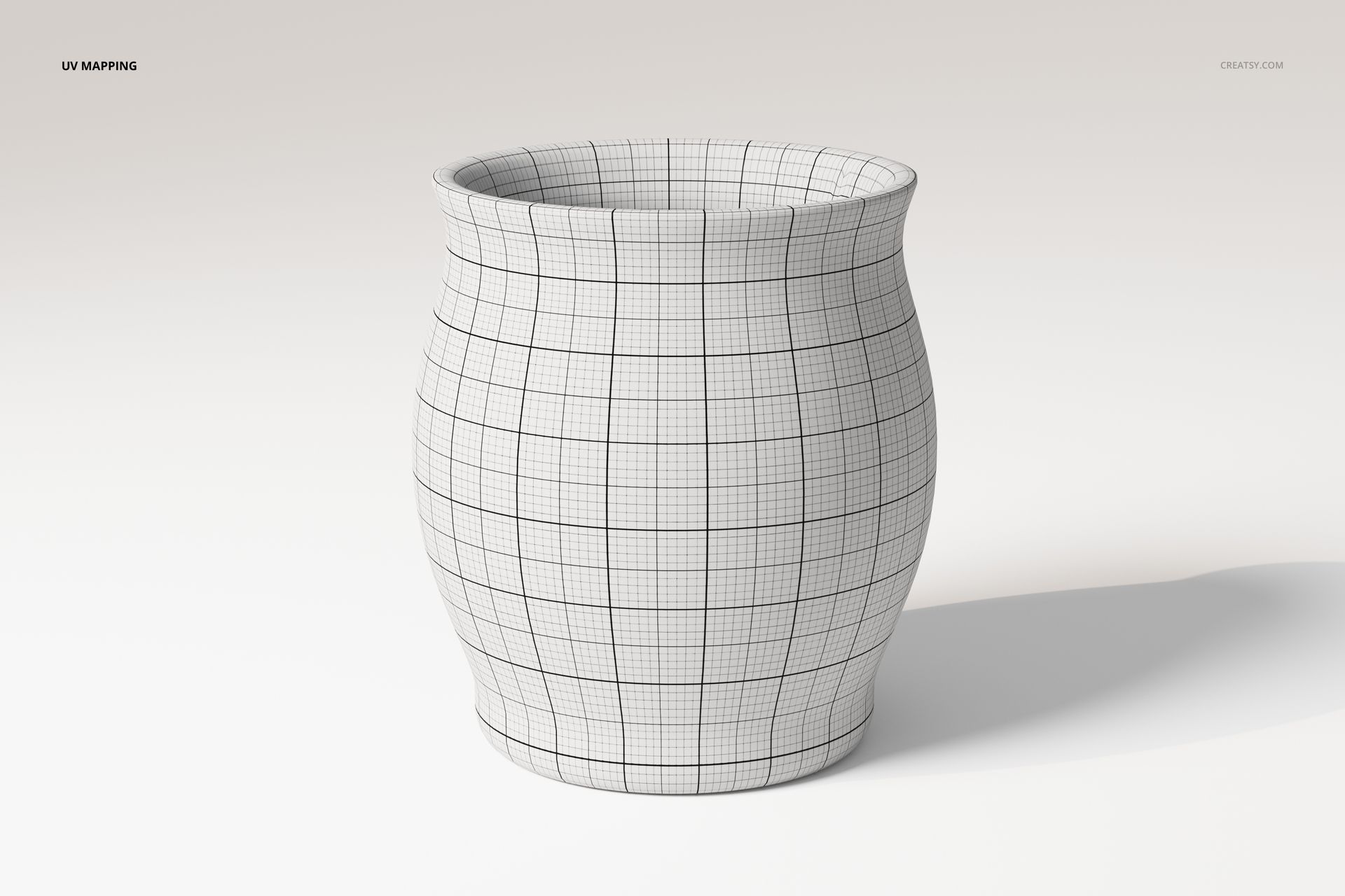 Front view of a clay plant pot 3D model with a rounded shape, shown in a white grid UV mapping texture on a plain background.
