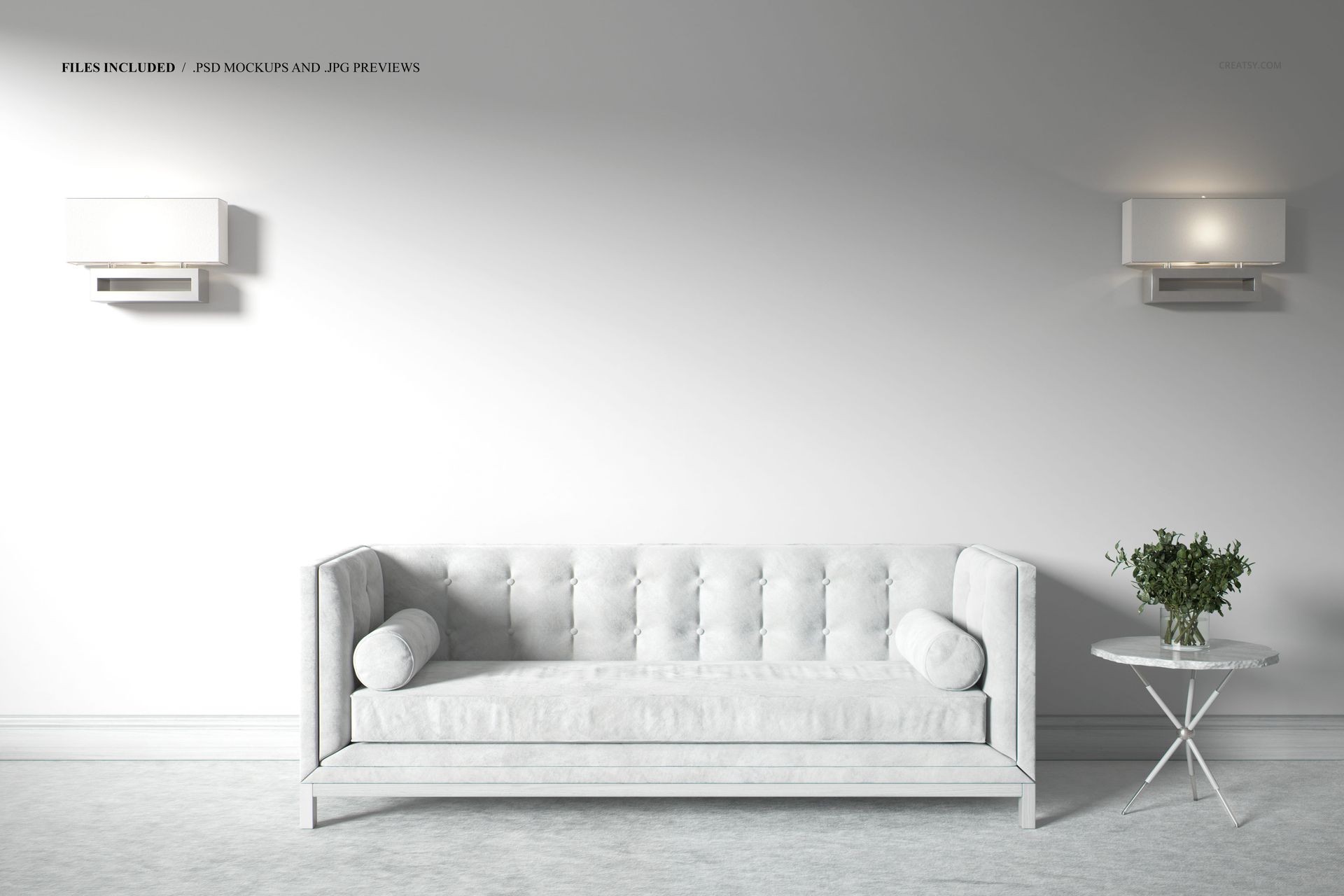 PSD mockup of a minimalist room with a light gray velvet sofa, two wall lamps, and a decorative side table.