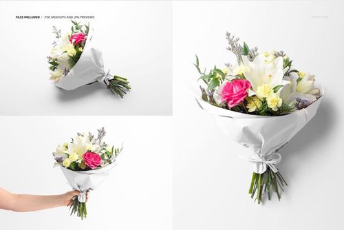 PSD mockup featuring a floral bouquet with pink, yellow, and white flowers wrapped in glossy white paper.
