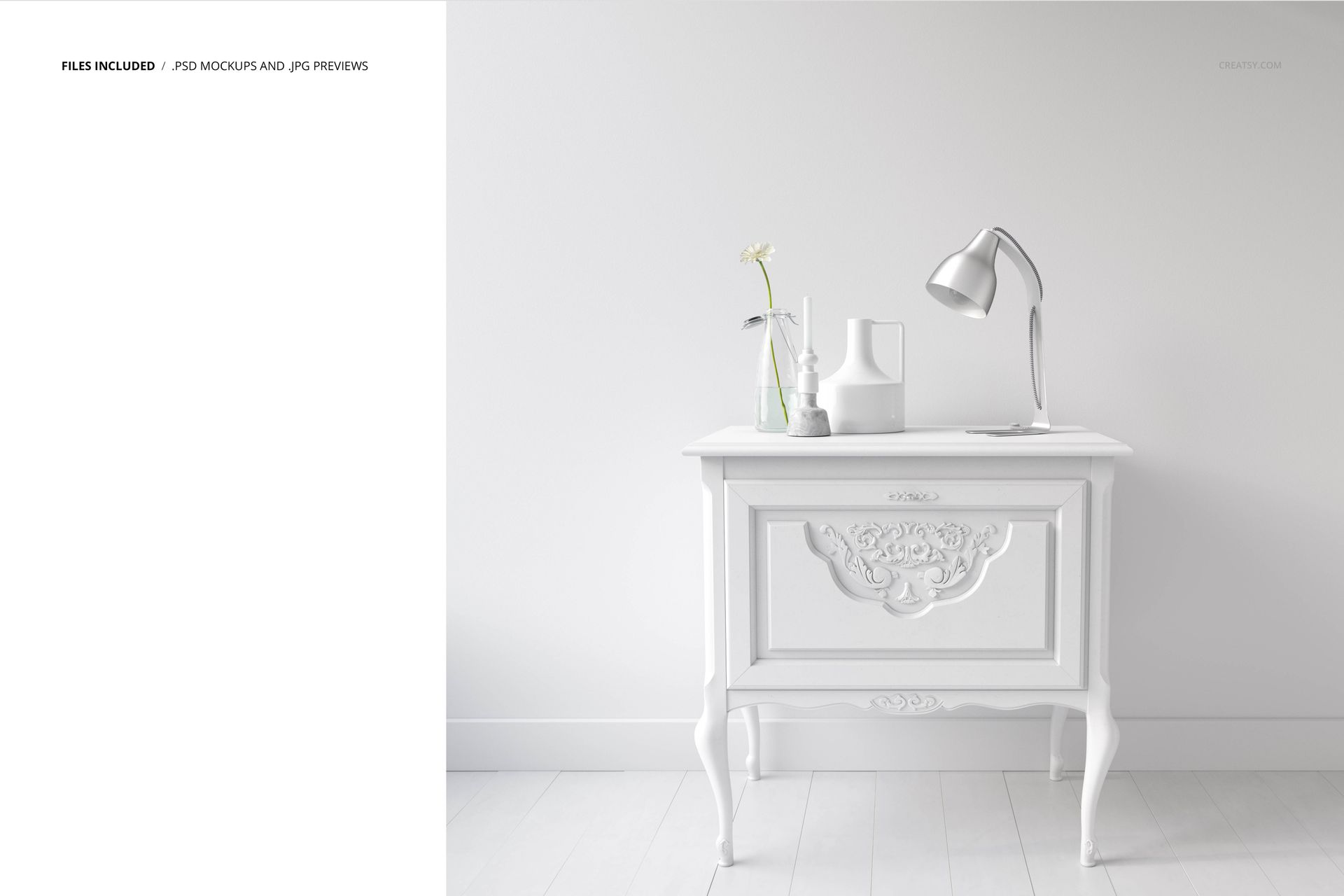 Front view of a classic white side table with carved details, lamp, and vases against a plain wall in a PSD mockup.