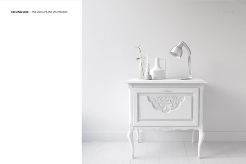 Front view of a classic white side table with carved details, lamp, and vases against a plain wall in a PSD mockup.