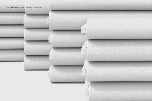 Stacked fabric bolts mockup with subtle gray fabric texture, displayed in a neat row on a clean white surface.