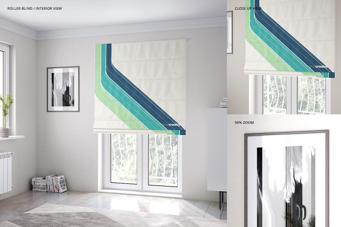 Close-up view of a Roman blind mockup featuring bold diagonal stripes in blue and green tones against a white background.