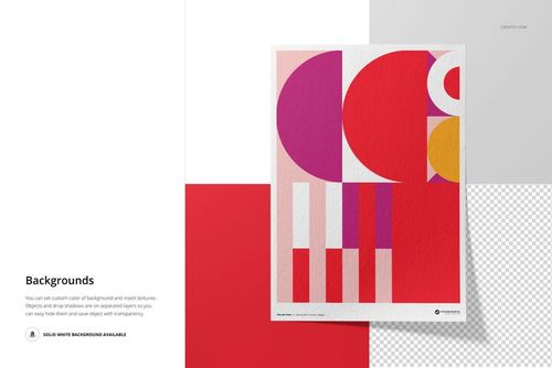 A3 fine art print mockup featuring abstract geometric shapes in red, pink, and purple on textured white paper.