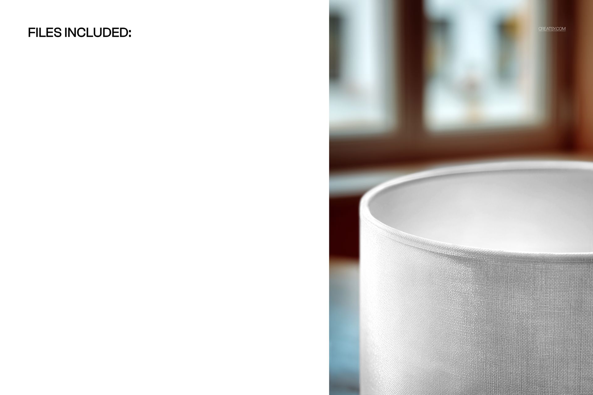 PSD mockup of a cylindrical drum lampshade with piped edges, featuring a neutral white fabric and window scene.