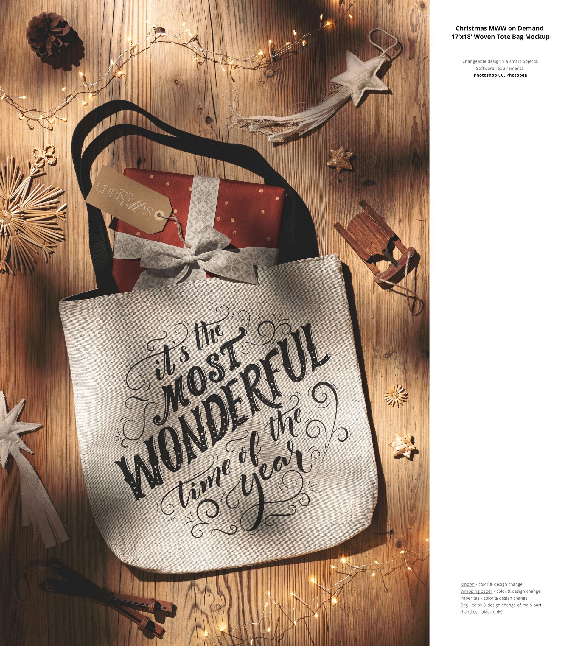 Top view of a Christmas-themed PSD mockup featuring a tote bag, wrapped gifts, pinecones, and holiday ornaments on wood.