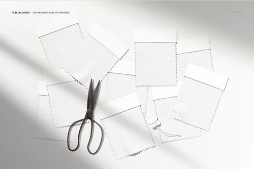 Fabric swatches mockup featuring several textured white samples, scissors, and string, shown from an overhead perspective.