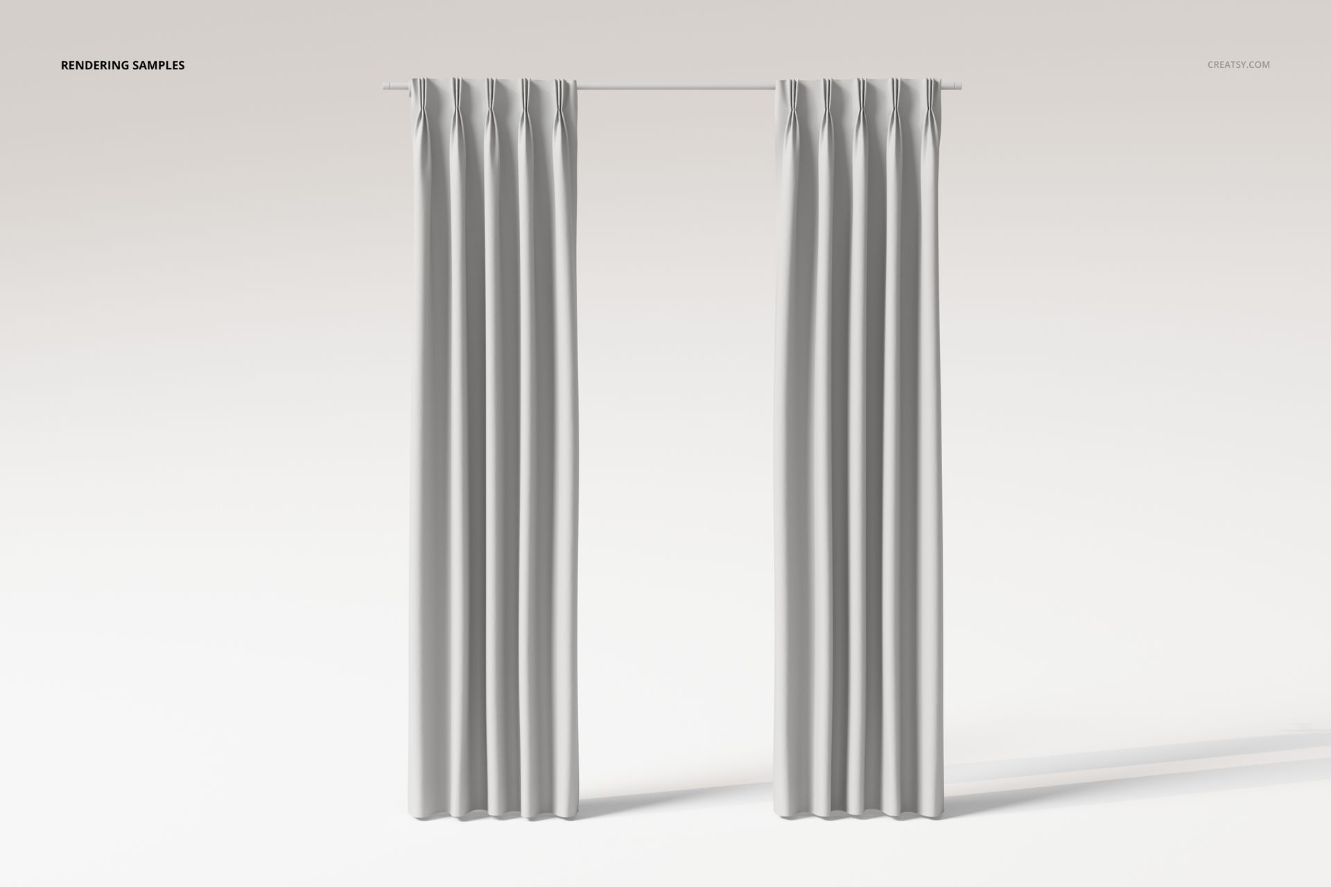 Front view of two white pinch pleat curtains hanging from a rod against a plain light background.