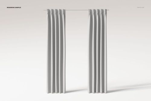 Front view of two white pinch pleat curtains hanging from a rod against a plain light background.