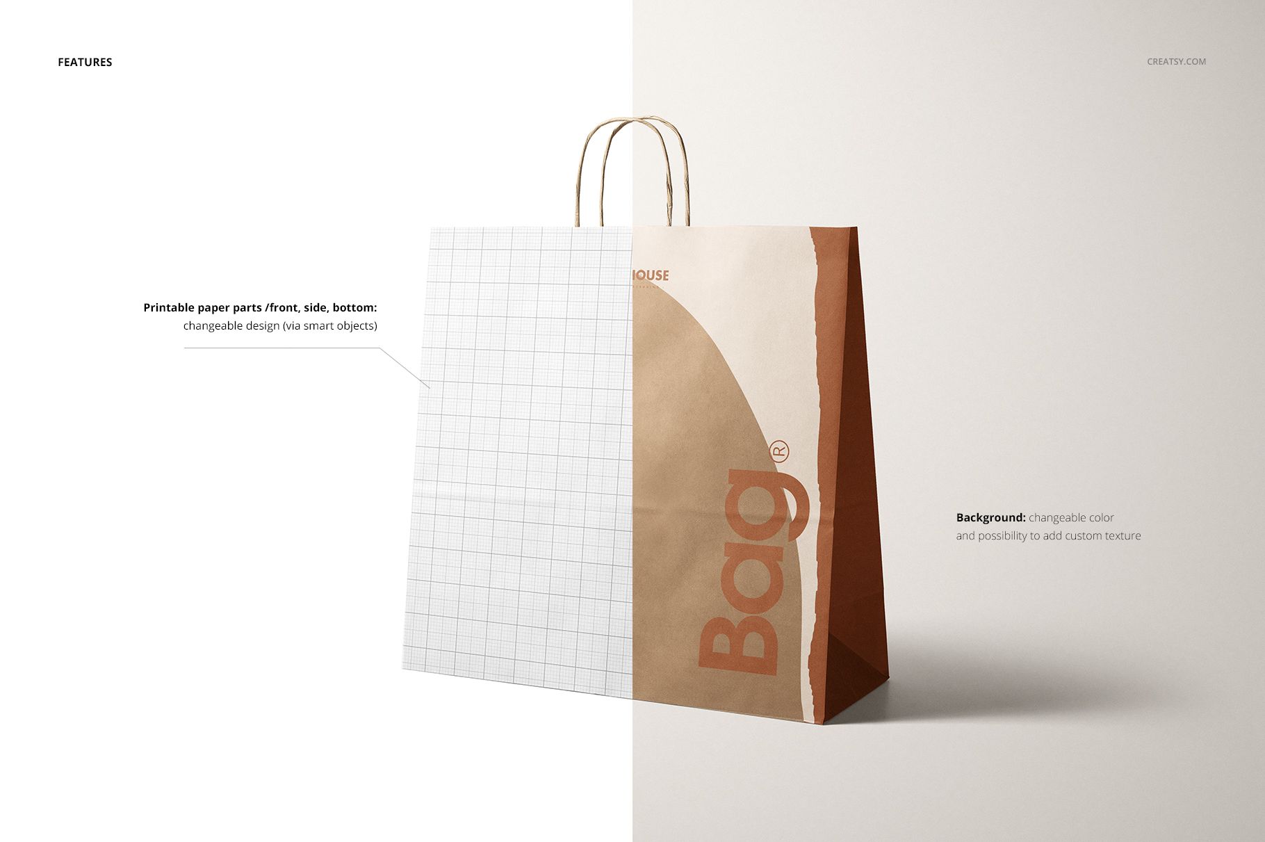 Front view of a kraft shopping paper bag mockup with grid pattern on the left and brown design on the right.