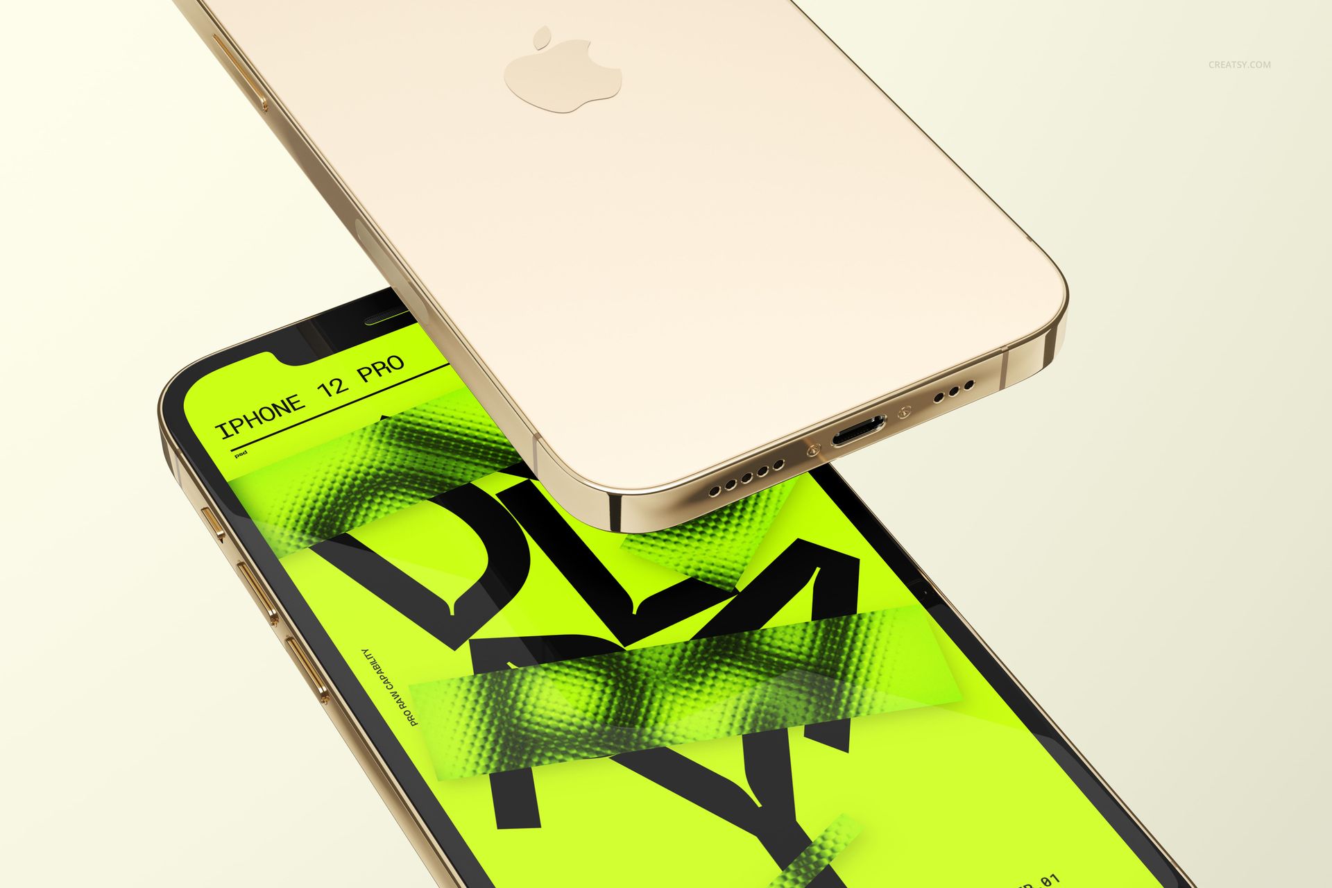 PSD mockup featuring dual iPhone 12 Pro models, highlighting device details and a striking yellow-green patterned display.