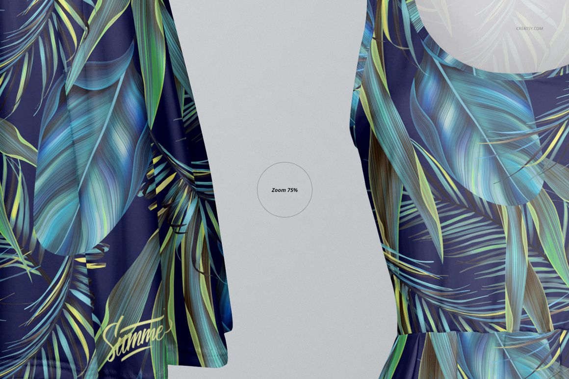 Sleeveless wavy blouse mockup with blue and green tropical leaf pattern, shown from front and back on a light background.
