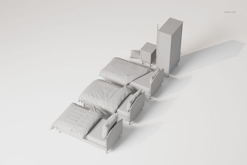 Minimalist kids bedroom furniture and bedding set in neutral tones, including three beds, a wardrobe, and a nightstand, shown from an angled top view.