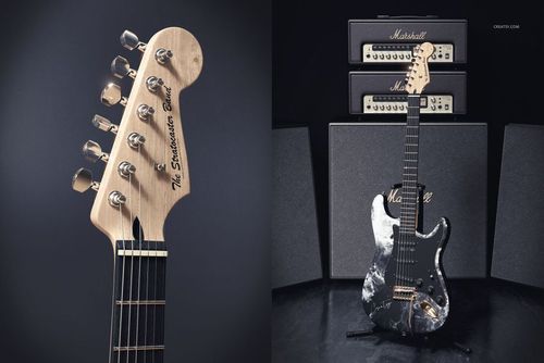 Electric guitar mockup featuring a close-up of the headstock and a full view of a black marbled guitar in front of amplifiers.