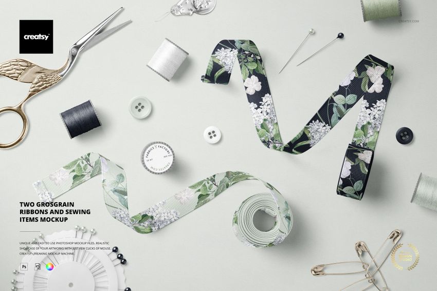 Two Grosgrain Ribbons and Sewing Items Mockup - mockup screenshot 1