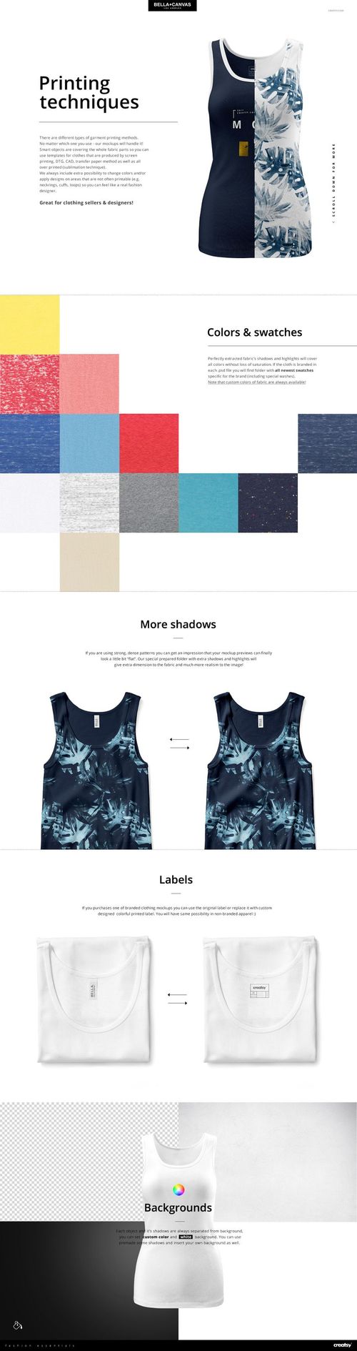 Women's rib tank top mockup shown in front view with half solid white and half blue floral print, surrounded by color swatches.