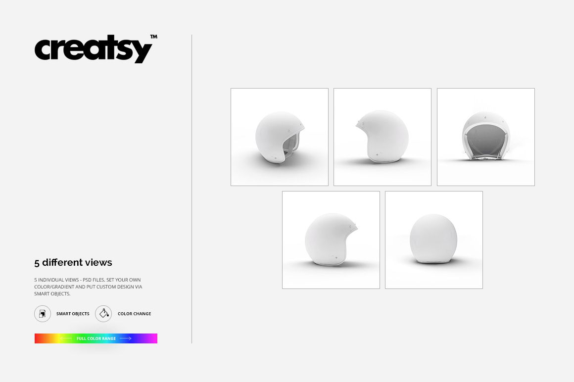 White open face motorcycle helmet mockup displayed in five perspectives, including front, side, and top views.