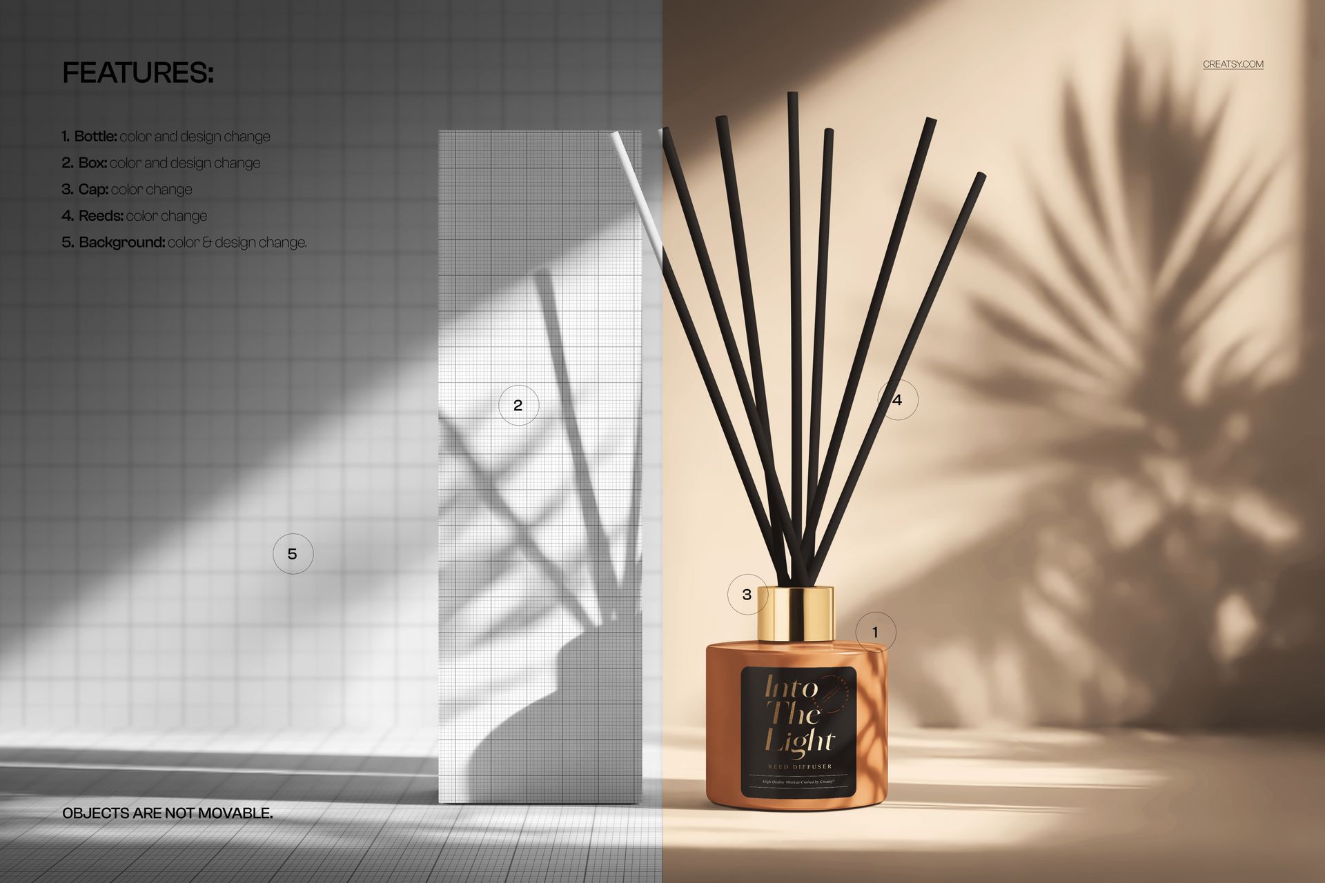 Reed diffuser mockup with black reeds in a gold container beside a tall box, sunlight casting shadows on the scene.