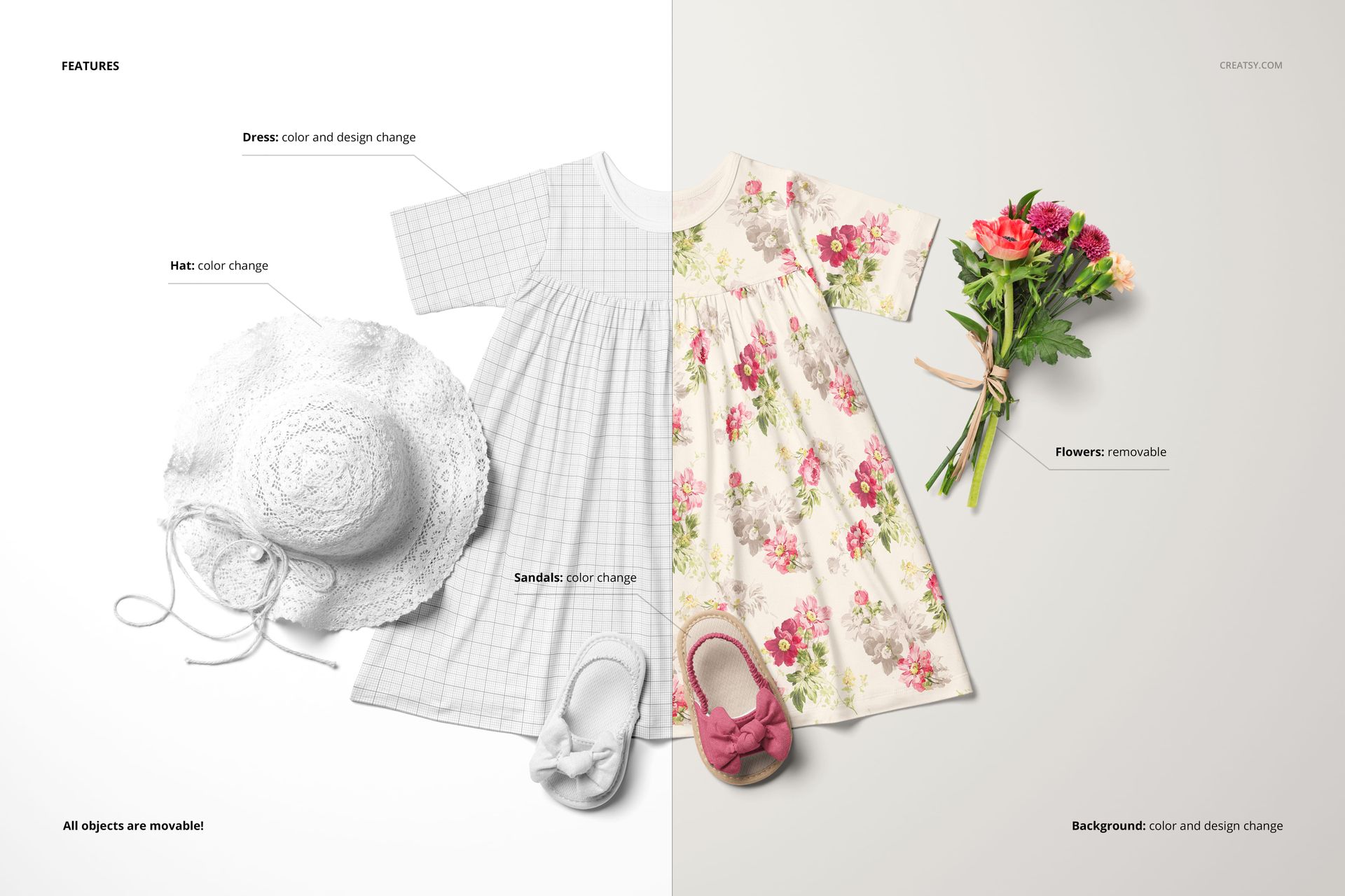 Kids’ dress mockup set shown from a top view, featuring a white hat, pink sandals, and spring flowers next to patterned dresses.