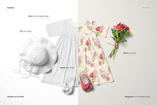 Kids’ dress mockup set shown from a top view, featuring a white hat, pink sandals, and spring flowers next to patterned dresses.