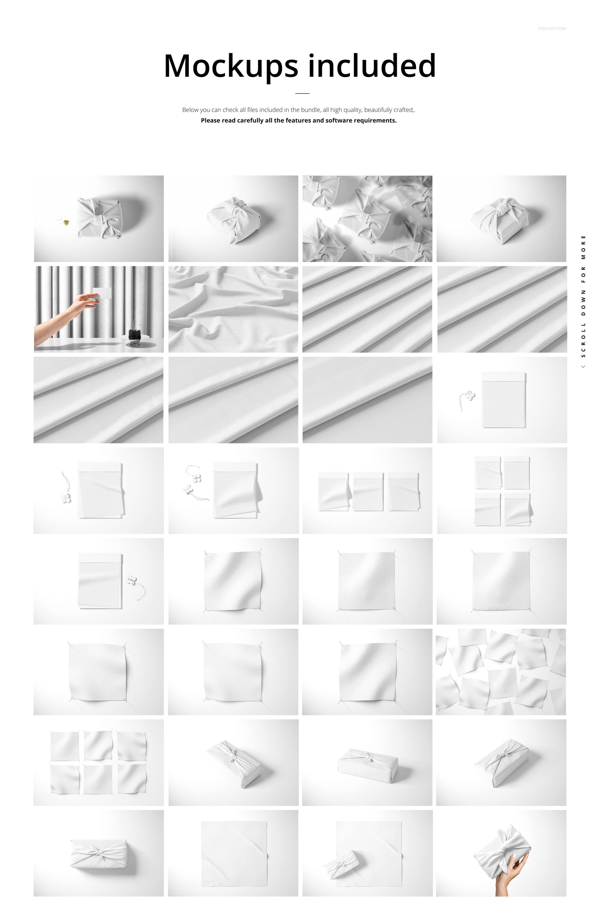 Various fabric mockups displayed in a grid, showing different folds, textures, and arrangements on a white background.