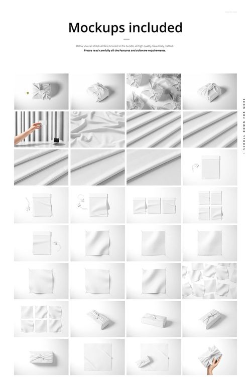 Various fabric mockups displayed in a grid, showing different folds, textures, and arrangements on a white background.