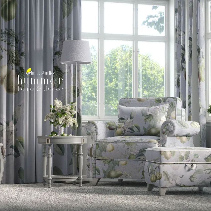 Victorian style armchair and ottoman mockup in a bright room with large windows, floral curtains, and a side table with flowers.