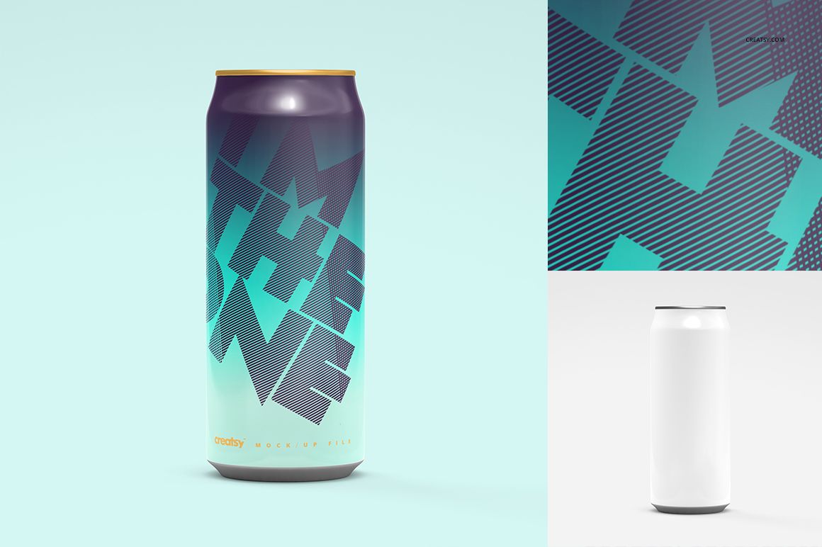 Tall can mockup featuring a gradient teal and purple design with bold text, shown from the front on a light background.
